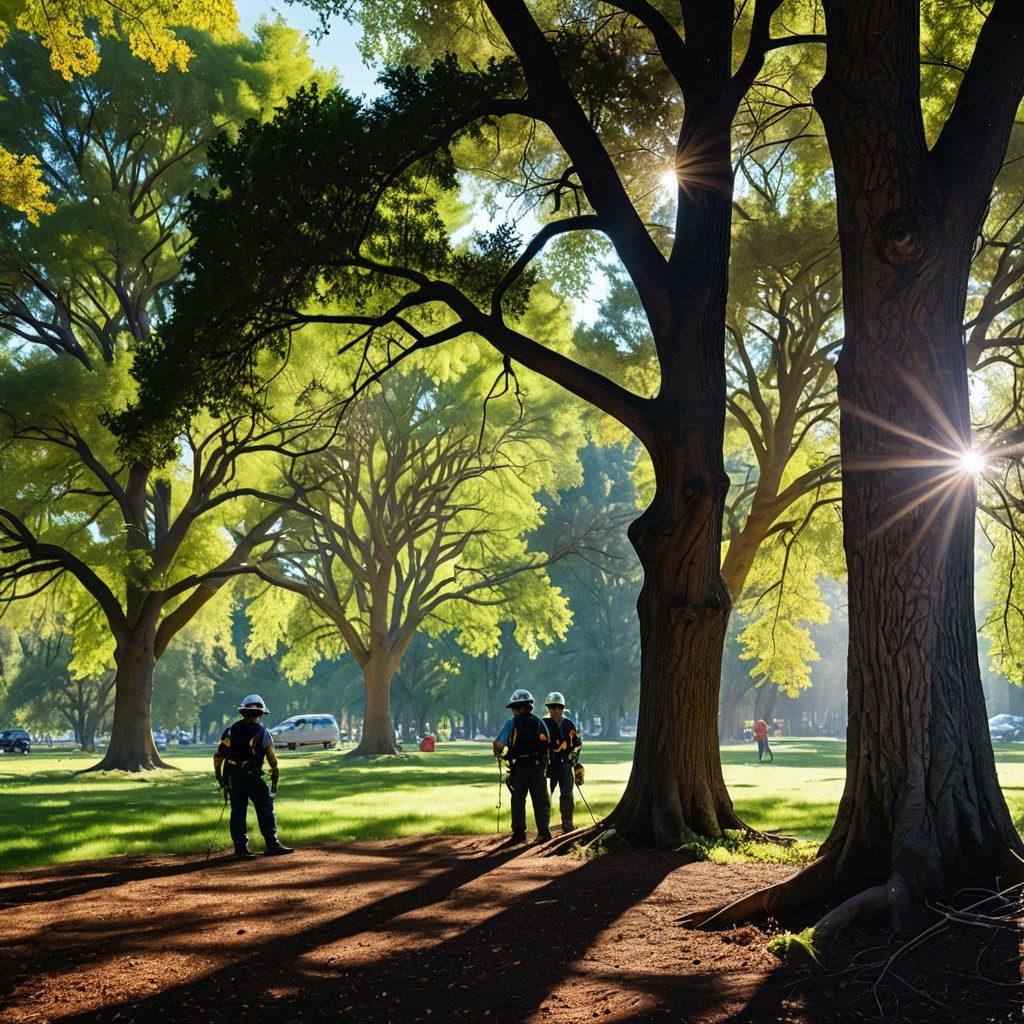 A serene landscape showcasing a diverse range of trees, from towering oaks to delicate willows, illustrating various aspects of tree care. Include a group of tree care professionals, equipped with gear, actively pruning and assessing trees, with a backdrop of a sunlight-drenched forest. Overlay symbols of resilience, like sturdy roots and strong branches, intertwining elegantly around the scene. super-realistic. vibrant colors. nature-themed.