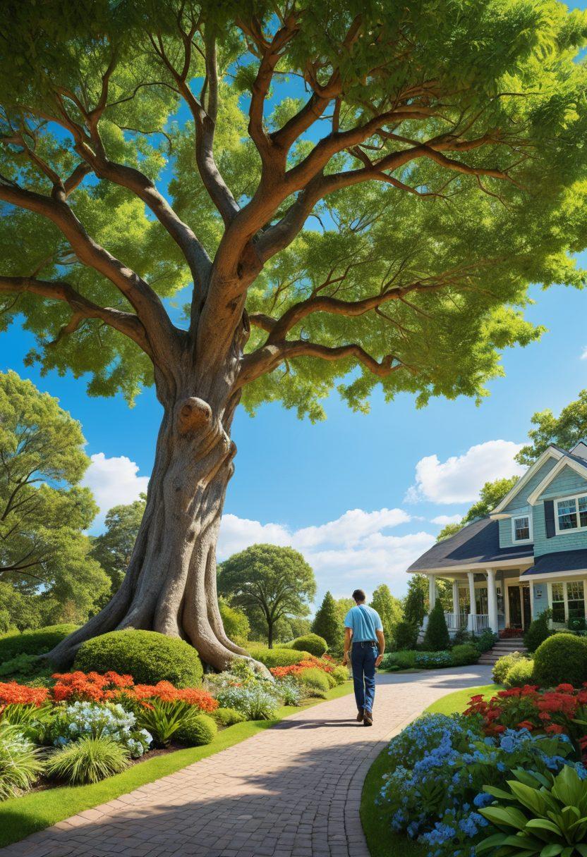 A serene landscape featuring a tree care professional in action, skillfully pruning a healthy tree, surrounded by various tree species. In the background, show elements of insurance concepts like floating documents and shields symbolizing protection. The scene should be vibrant and inviting, emphasizing the harmony between nature and business safety. lush greenery, bright blue sky. super-realistic. vibrant colors.