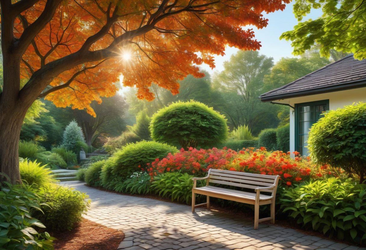 A serene landscape featuring a lush green garden with flourishing trees, a skilled arborist pruning branches carefully, and a landscaper planting vibrant flowers. Include important insurance documents subtly placed on a bench in the foreground, with a bright sky and gentle sunlight filtering through the leaves. Emphasize the harmony between nature and professionalism. super-realistic. vibrant colors. 3D.